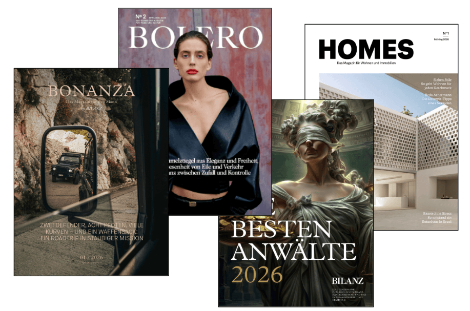 Specials <h2>Spezialpublikationen</h2>
<p>Folgende exklusive Specials erwarten Sie:</p>
<ul>
<li><strong>Bolero</strong> ist das führende Luxusmagazin der Schweiz für Mode, Beauty und Kultur.</li>
<li><strong>«homes»</strong>, das Schweizer Magazin für exklusive Immobilien und stilvolles Wohnen, widmet sich allen Themen rund um hochwertiges Wohnen und besondere Liegenschaften.</li>
<li>Welche Anwaltskanzlei ist die beste für Ihren Rechtsfall? Mit dem Special <strong>«Die besten Anwälte»</strong> publiziert BILANZ jährlich eine umfassende Erhebung der meistempfohlenen Kanzleien der Schweiz. Wir stellen Ihnen die 20 Top-Kanzleien aus 30 Rechtsgebieten vor.</li>
<li><strong>BONANZA </strong>thematisiert zweimal jährlich mit viel Humor und Vielfalt Lifestyle-Geschichten, die nicht nur Männer ab 50 Jahren interessieren.</li>
</ul>
<p> </p>