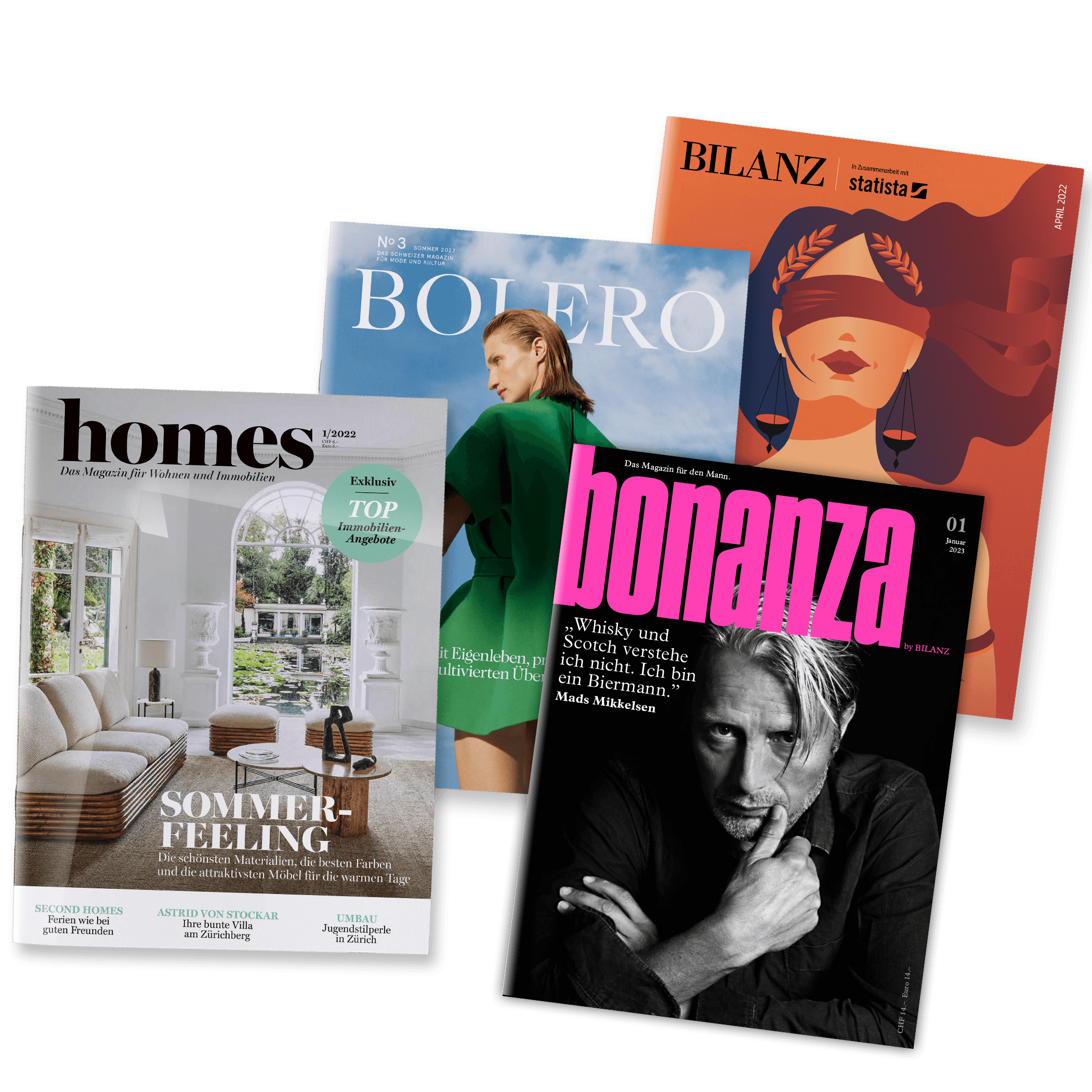 Bilanz Specials <h2>Specials</h2>
<p>Folgende exklusive Specials erwarten Sie:</p>
<ul>
<li><strong>Bolero </strong>ist das führende Luxus Magazin der Schweiz für Mode, Beauty und Kultur.</li>
<li>«<strong>homes</strong>», das Schweizer Magazin widmet sich allen Themen rund um exklusive Immobilien und gediegenes Wohnen.</li>
<li>Welche Anwaltskanzlei ist die beste für Ihren Rechtsfall? Mit dem Special «<strong>Die besten Anwälte</strong>» publiziert BILANZ jährlich eine umfassende Erhebung der meist empfohlenen Kanzleien der Schweiz. Wir stellen Ihnen die 20 Top-Kanzleien aus 30 Rechtsgebieten vor.</li>
<li><strong>BONANZA </strong>thematisiert mit viel Humor und Vielfalt zweimal im Jahr Lifestyle-Geschichten, die nicht nur Männer ab 50 Jahren interessieren.</li>
</ul>